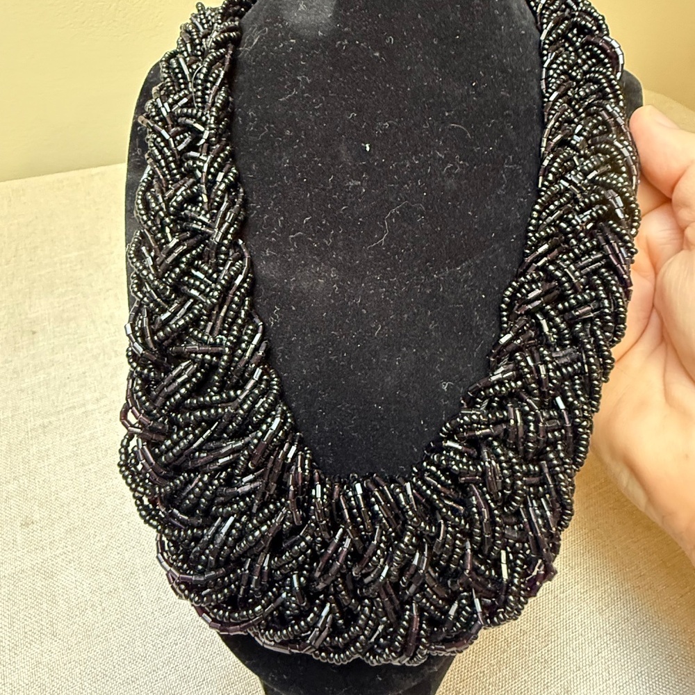 Vintage Black Glass Beaded Chunky Choker Necklace